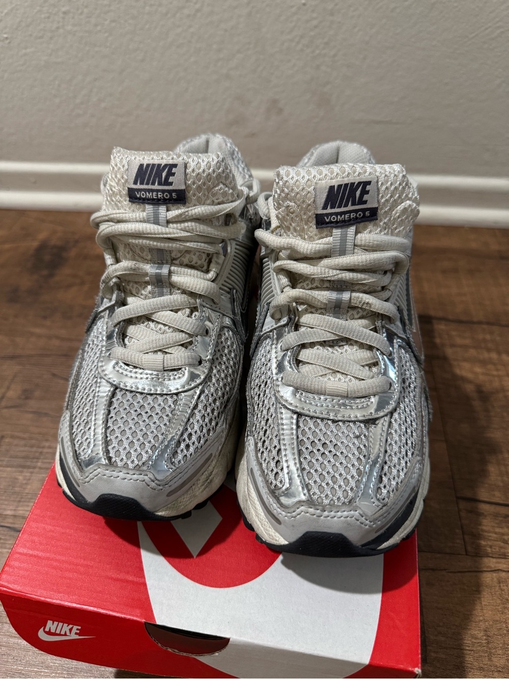 Nike Women’s 8.5 Vomero 5 Sneakers in White and Silver